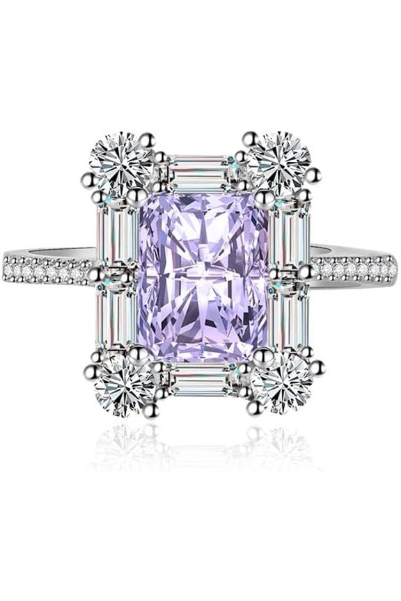 Luxury Halo Engagement Rings Premium Cubic Zirconia Promise Eternity Ring for Women Wedding Bands Emerald Cut Ruby Topaz Simulated Diamond CZ Anniversary Open Adjustable Ring(Purple)