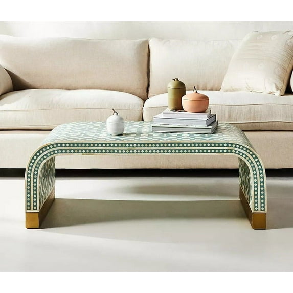 Luxury Handicrafts Moroccan Bone Coffee Table with Brass Cladding, Green