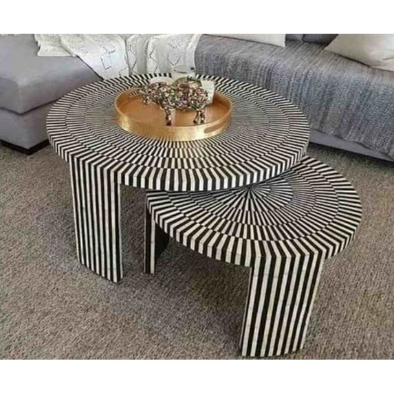 Luxury Handicrafts Nesting Bone Inlay Coffee Table Set, Black/White