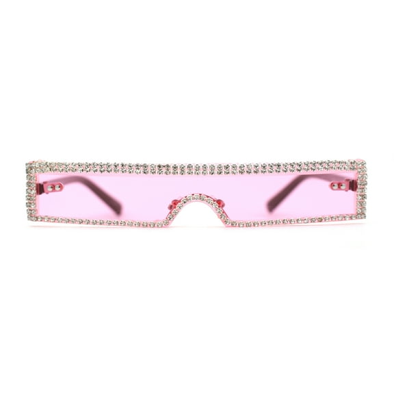 Luxury Heavy Rhinestone Rim Trim Thin Shield Rimless Cyclops Sunglasses Pink