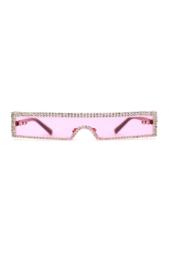 Luxury Heavy Rhinestone Rim Trim Thin Shield Rimless Cyclops Sunglasses Pink