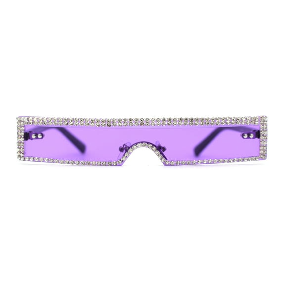 Luxury Heavy Rhinestone Rim Trim Thin Shield Rimless Cyclops Sunglasses Red