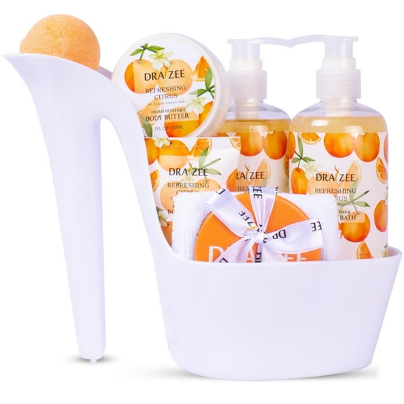 Draizee Luxury Heel Shoe Spa Gift Basket, 8-Piece Body Care Set with Shower Gel, Bubble Bath, Body Butter, Body Lotion, Bath Bomb, Towel and Mirror, Citrus Scent