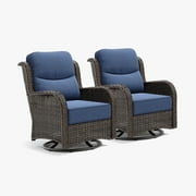 Hillga Outdoor Wicker Swivel Glider Chair Set, Patio Swivel Rocking Chair Blue Cushion 5 Peices