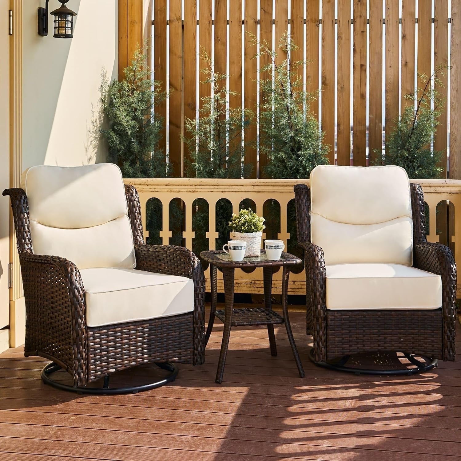 Luxury High Back Brown Wicker Swivel Rocker Chairs with Cream Cushions
