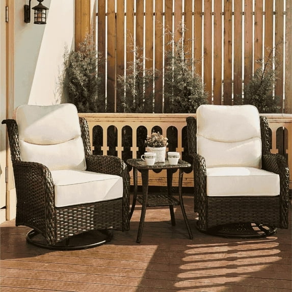 Hillga Luxury High Back Outdoor Furniture Swivel Rocker Patio Chairs and Side Table 3-Pieces White