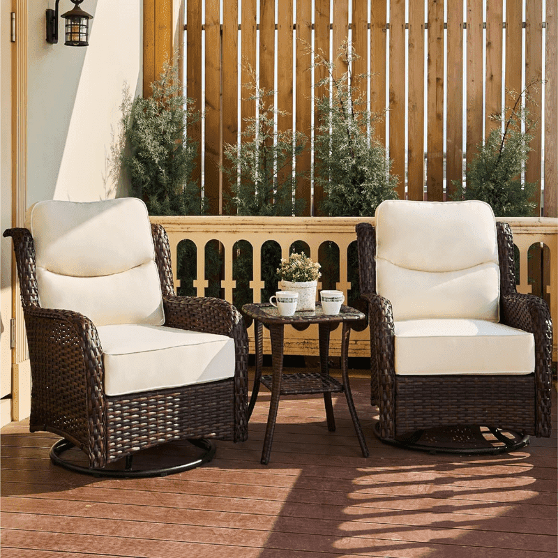 Luxury High Back Brown Wicker Swivel Rocker Chairs with Cream Cushions