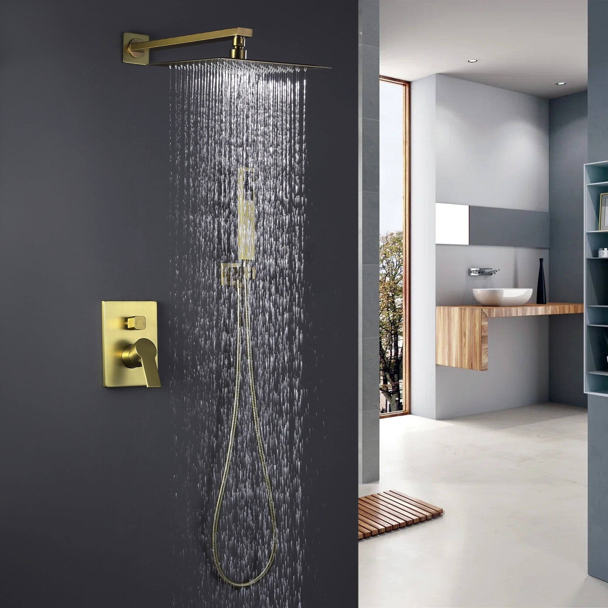 Gold High-Pressure Rain Shower Head with Handheld Spray