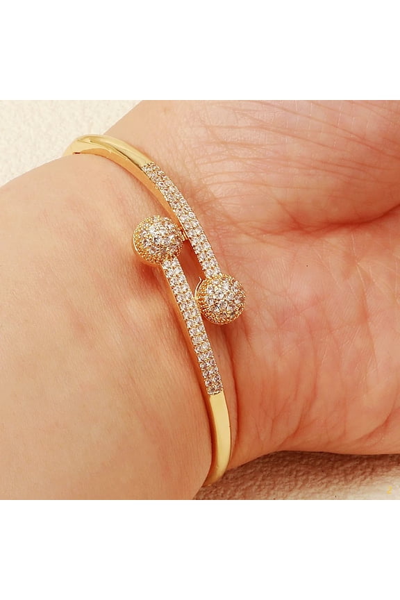 Luxury Hinged 14K Gold Bangle Bracelet Pave Crystal Double Ball Cuff Geometric Rhinestone Hand Jewelry for Women Gift