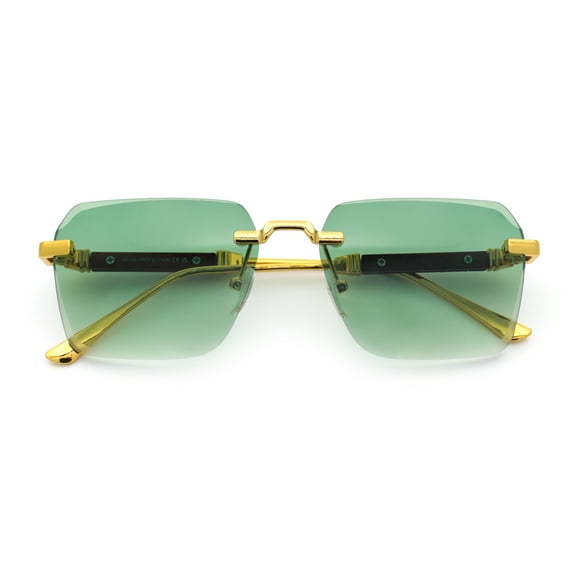 Luxury Hip Hop Rapper Rimless Bevel Lens Rectangular Hustler Sunglasses Gold - Green