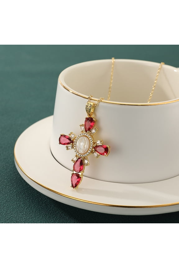 Luxury Hiphop Rhinestone Religious Virgin Mary Cross Pendant Necklace For Women Charm 14K Yellow Gold Zircon Couple Jewelry