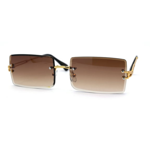 Luxury Hippie Style Rimless Bevel Rectangle Lens Sunglasses Gold Brown