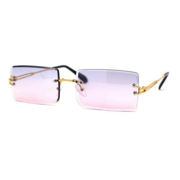 Luxury Hippie Style Rimless Bevel Rectangle Lens Sunglasses Gold Grey Pink