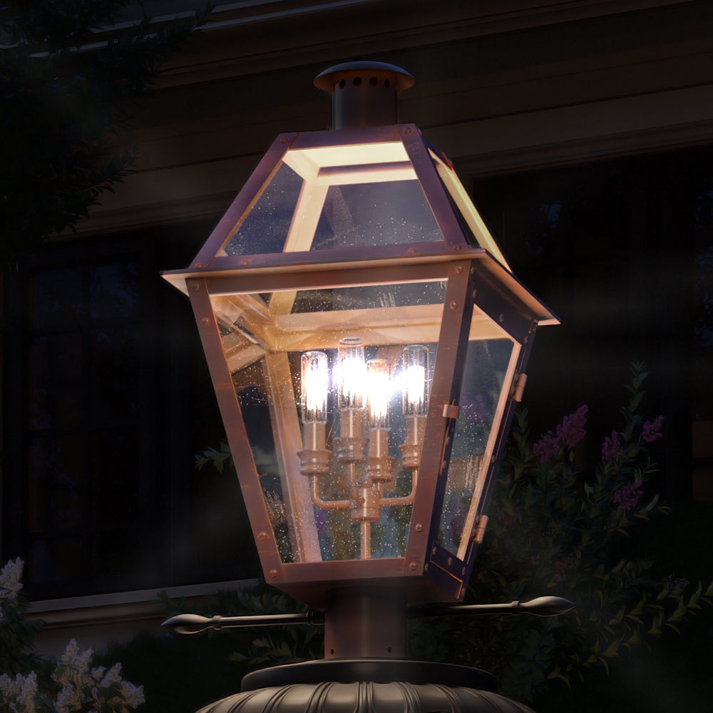 Luxury Historic Outdoor Post Light, 26''H x 17''W, with Tudor Style Elements, French Country Design, Rustic Copper Finish and Clear Glass, UQL1373