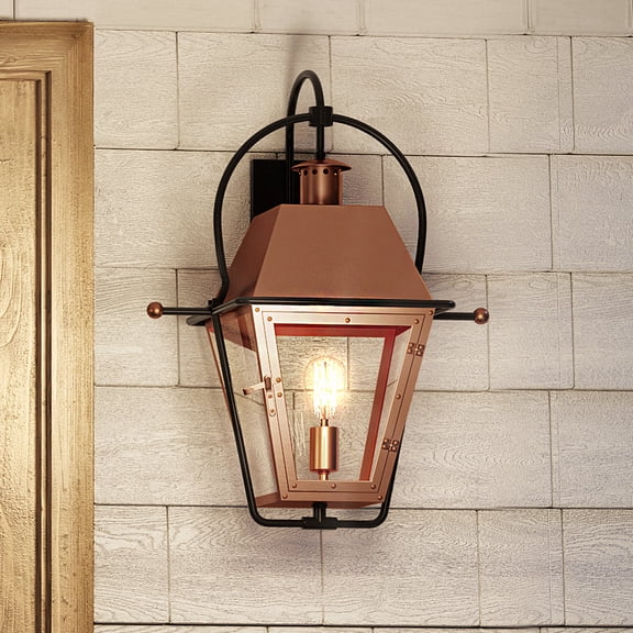 Luxury Historic Outdoor Wall Sconce, 22.50''H x 17.75''W, with Tudor Style Elements, French Country Design, Rustic Copper Finish and Clear Glass, Clear TermpeRing Glass Panel, UQL1381