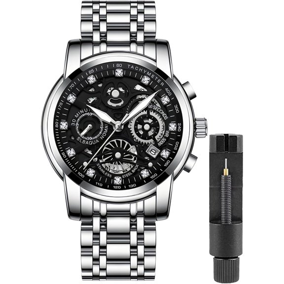 Luxury Hollowed Men's Watches Diamonds Chronography High Grade Fashion Watch for Men Stainless Steel Calendar Luminous Quartz Waterproof Business Male Wristwatch