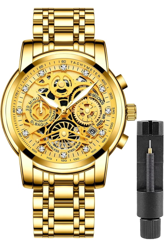 Luxury Hollowed Men's Watches Diamonds Chronography High Grade Fashion Watch for Men Stainless Steel Calendar Luminous Quartz Waterproof Business Male Wristwatch