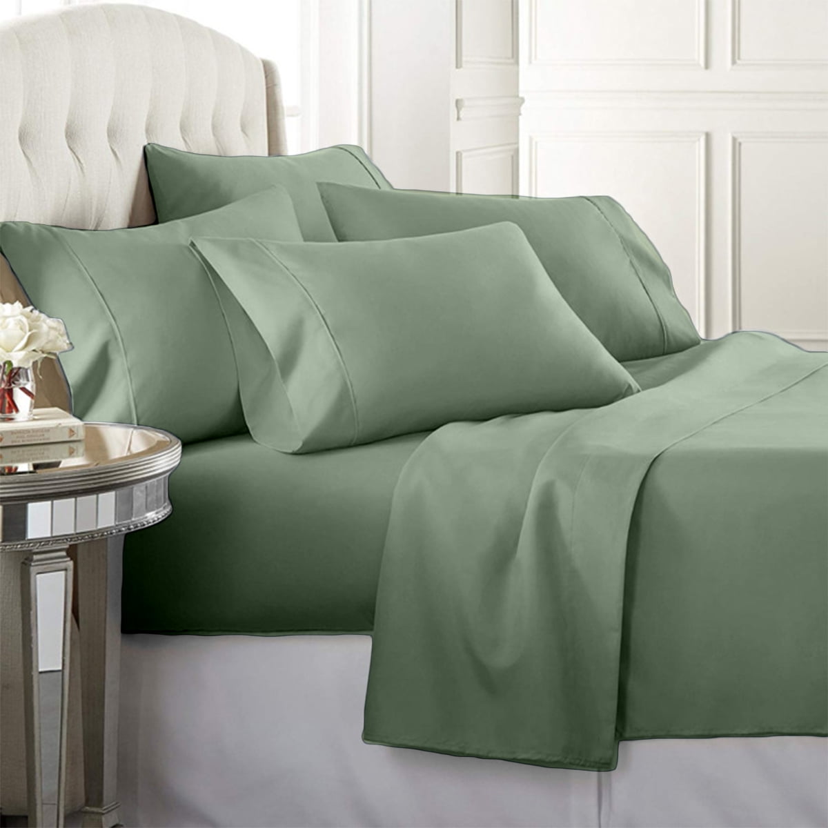 Luxury Home Super-Soft 1600 Series Double-Brushed 6 Pcs Bed Sheets Set (California King, Sage)