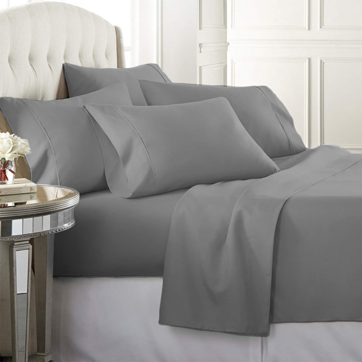 Luxury Home Super-Soft 1600 Series Double-Brushed 6 Pcs Bed Sheets Set (Queen, Gray)