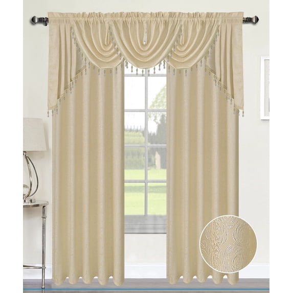 Luxury Home Textile Angelina Damask Beige Beaded Austrian Valance and Swag Curtains, 54” x 84”