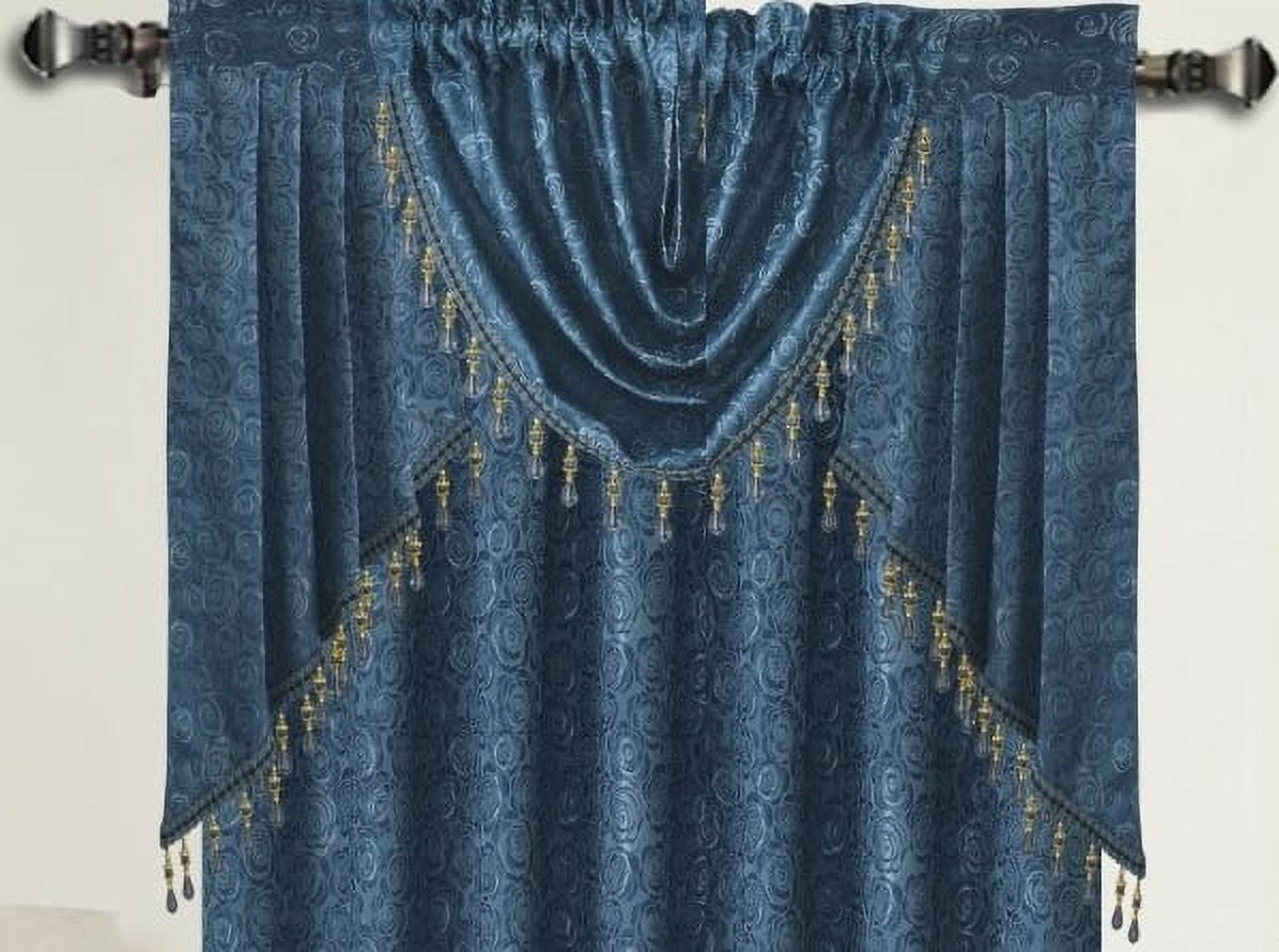 Luxury Home Textile Modern Blue Damask Rod Pocket Light Filtering Kitchen Curtain Sets, 54 x 84 in