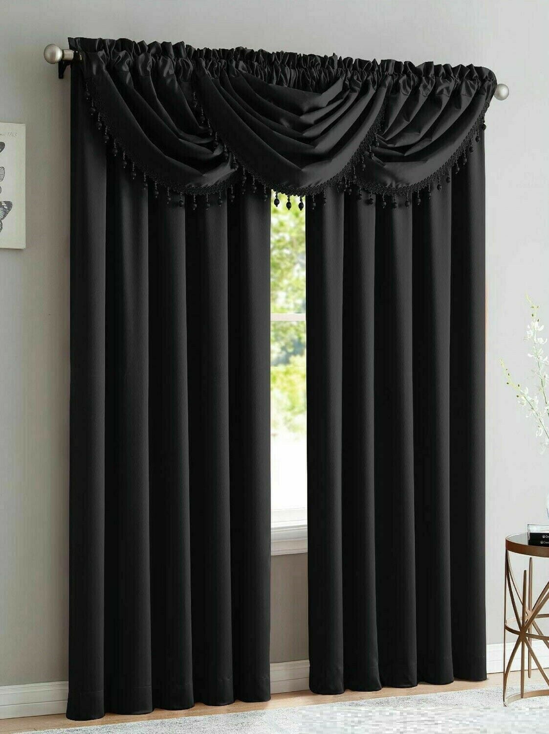 Luxury Home Textiles Bridget 5 Piece Crushed Satin Curtain Set with Beaded Austrian Valances, 84" Long (Black)