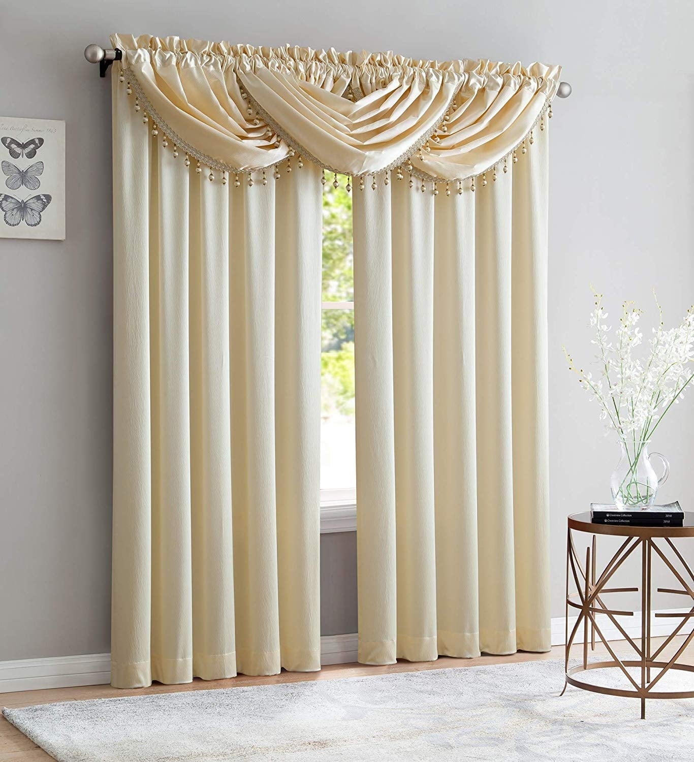 Luxury Home Textiles Bridget 5 Piece Crushed Satin Curtain Set with Beaded Austrian Valances, 84" Long (Ivory)