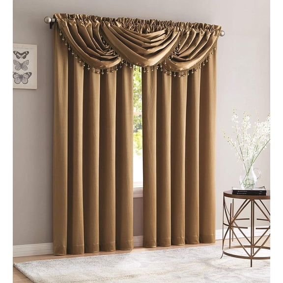 Luxury Home Textiles Bridget 5 Piece Crushed Satin Curtain Set with Beaded Austrian Valances (Gold)