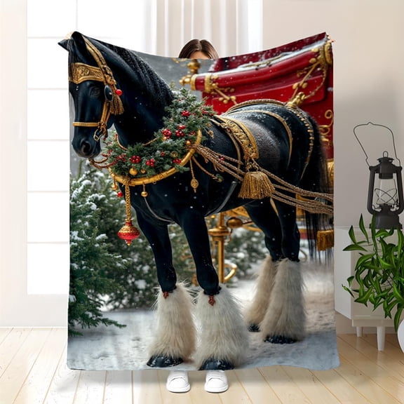 Luxury Horse Blanket Suitable for Horse & Bed - Golden Harness & Red Carriage Design, Cozy Flannel Throw Bedspread, All-Season Equestrian Decor, Contemporary Style Bedding 280gsm