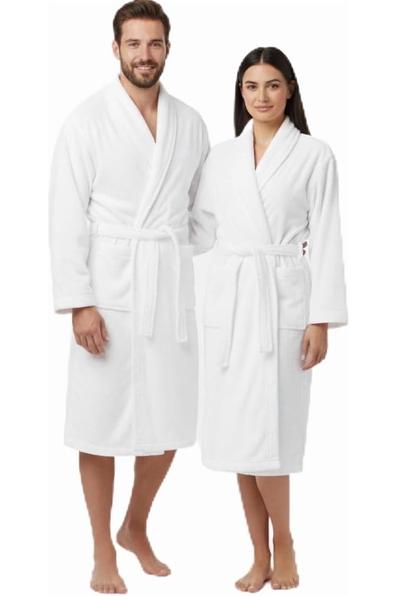 Luxury 100% Cotton Terry Bathrobe for Women & Men – Ultra-Soft Spa & Hotel Collection Velour Robe with Shawl Collar, Premium Absorbent Unisex Terry Cloth Robe, One Size – Classic White