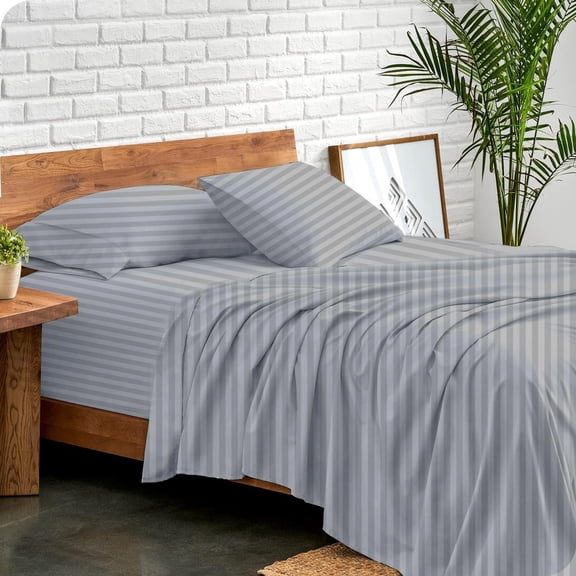 Luxury Hotel Bed Sheets and Pillowcase Set 1000 Thread Count 100% Cotton, 15" Inch Deep Pocket Premium Hotel Quality Smooth & Soft Bedding Sheet Set, Queen Size - Silver Stripe