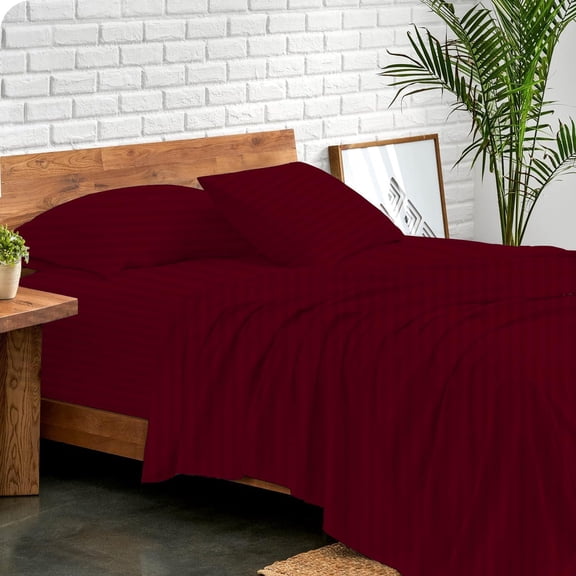 Luxury Hotel Bed Sheets and Pillowcase Set 1000 Thread Count 100% Cotton, 15" Inch Deep Pocket Premium Hotel Quality Smooth & Soft Bedding Sheet Set, Twin Size - Burgundy Stripe