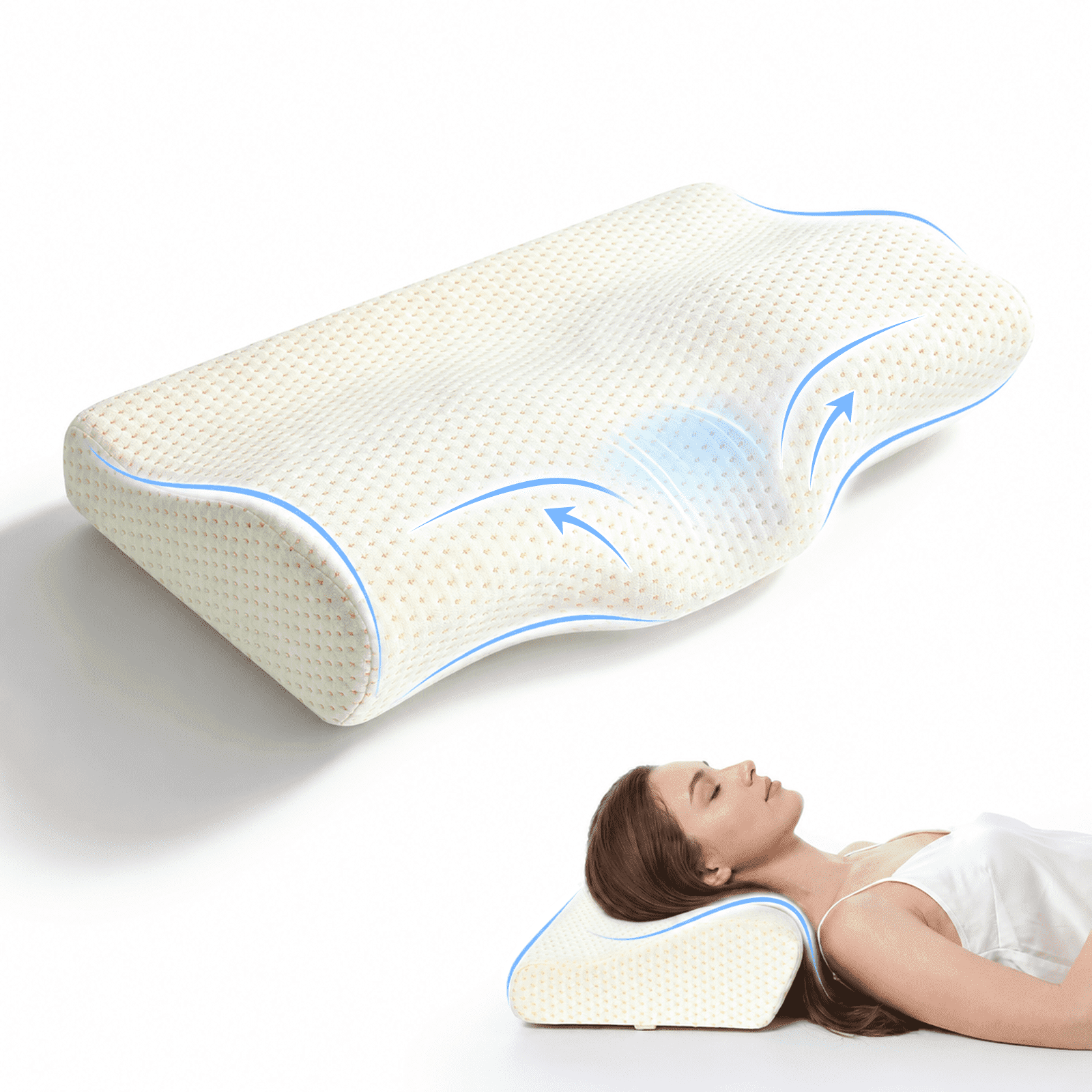 QUTOOL Memory Foam Cervical Neck Pillow, Dual Height Contour Support for Side, Back and Stomach Sleepers, Removable Cover, White