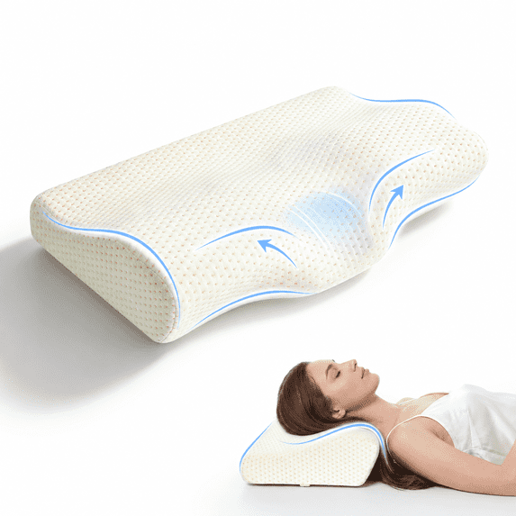 QUTOOL Memory Foam Cervical Neck Pillow, Dual Height Contour Support for Side, Back and Stomach Sleepers, Removable Cover, White