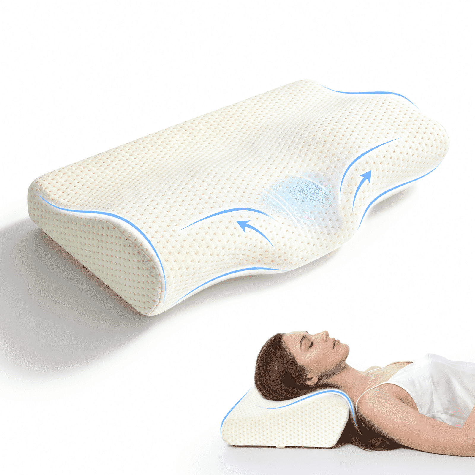 QUTOOL Memory Foam Cervical Neck Pillow, Dual Height Contour Support for Side, Back and Stomach Sleepers, Removable Cover, White