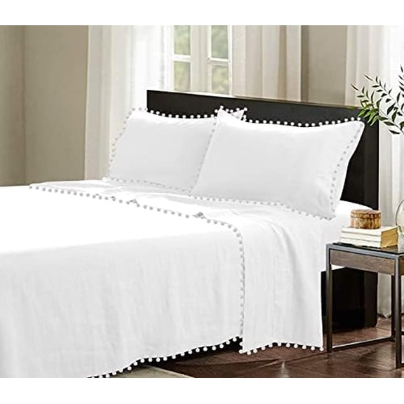 Luxury Hotel Quality Fabric 4 Piece Pom Pom Sheet Set Full Size 10" Pocket Bed Sheets with Pom-Pom Fringe Solid Pattern, 100% Egyptian Cotton,1000 Thread Count, White$$Bedding