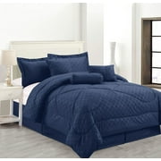Luxury Hotel Queen Size 8-Piece Embossed Solid Over-Sized Comforter Set Bed in A Bag Navy Blue