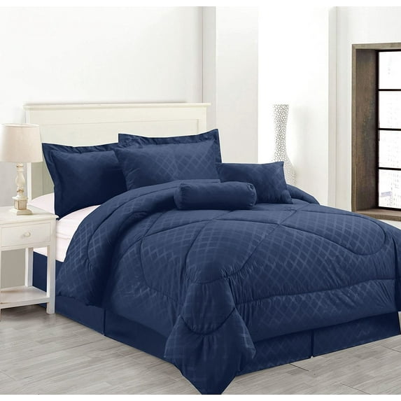 Luxury Hotel Queen Size 8-Piece Embossed Solid Over-Sized Comforter Set Bed in A Bag Navy Blue