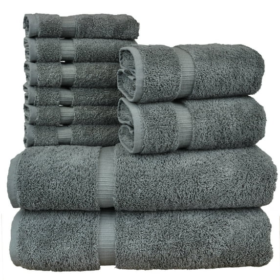 Luxury Hotel & Spa Collection, Quick Dry 100% Turkish Cotton, 700 GSM, Eco Friendly Towel, Bathroom and Kitchen Dobby Border Towels, 2-Bath Towel, 2-Hand Towel, 6-Washcloth (Bundle Set of 10, Gray)