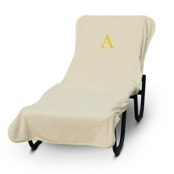 Luxury Hotel & Spa Monogrammed Pool Chaise Lounge Cover, Block Letter Embroidered Towel - Extra Absorbent 100% Turkish Cotton- Soft Terry Finish - Hotel-Style, Standard Size - Beige - Gold Letter A