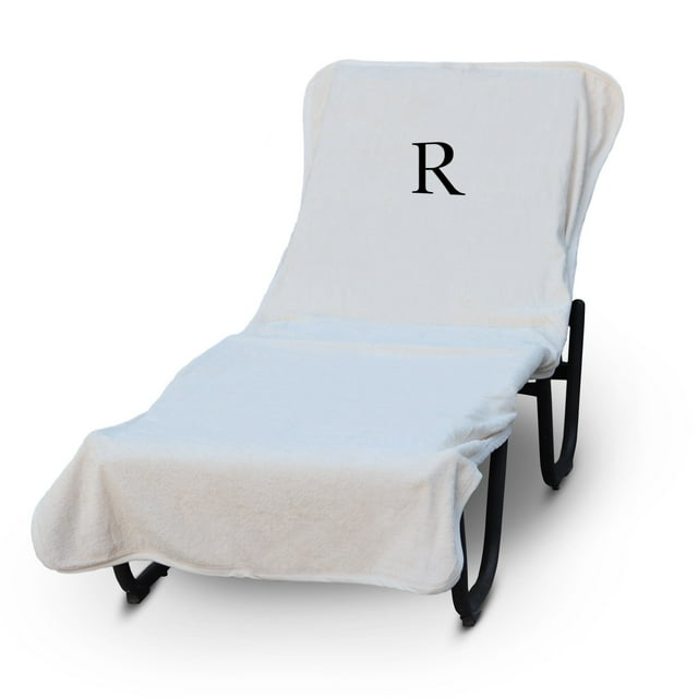 Luxury Hotel & Spa Monogrammed Pool Chaise Lounge Cover, Block Letter Embroidered Towel - Extra Absorbent 100% Turkish Cotton- Soft Terry Finish - Hotel-Style, Standard Size - White - Black Letter R