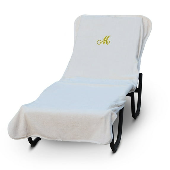 Luxury Hotel & Spa Monogrammed Pool Chaise Lounge Cover, Gold Embroidered Towel - Extra Absorbent 100% Turkish Cotton- Soft Terry Finish - Hotel-Style, Standard Size - Script M White