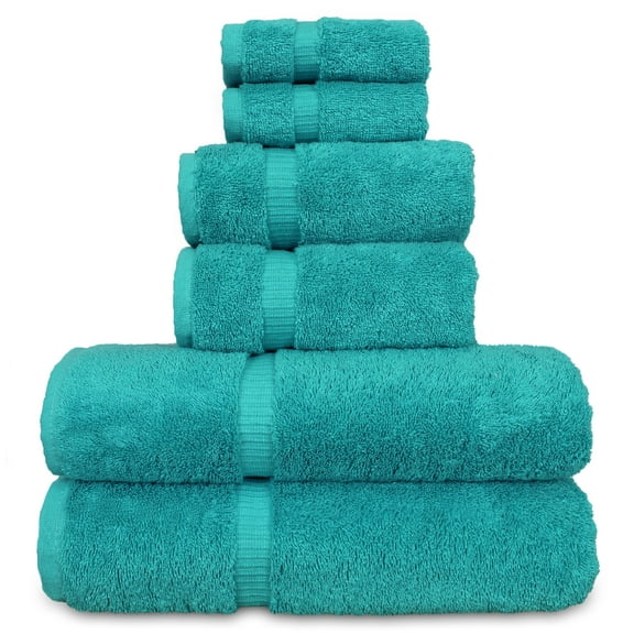 Bare Cotton Luxury Turkish Cotton Towel Set, Aqua Blue, 6 Count, 2 Bath Towels, 2 Hand Towels