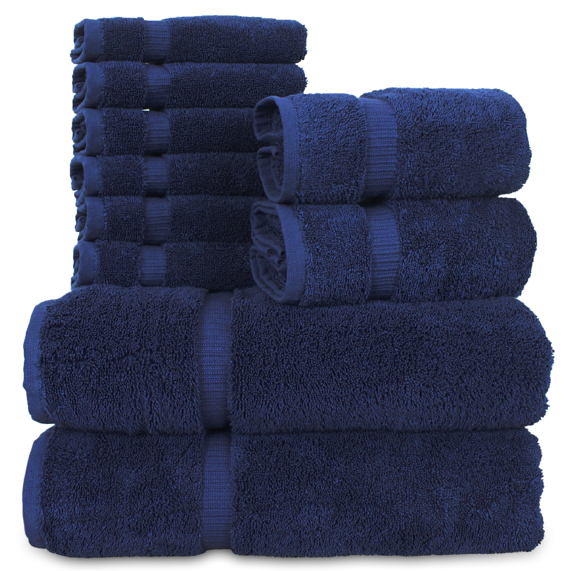 Navy Blue Turkish Cotton 10-Piece Towel Set with Dobby Border