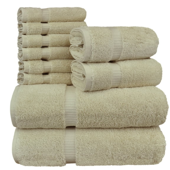 Luxury Hotel & Spa Quality, Quick Dry 100% Turkish Cotton, 700 GSM, Eco Friendly Towel, Bathroom and Kitchen Dobby Border Towels, 2-Bath Towel, 2-Hand Towel, 6-Washcloth (Bundle Set of 10, Beige)