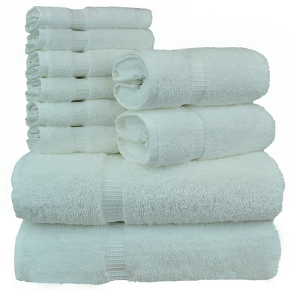 Luxury Hotel & Spa Quality, Quick Dry 100% Turkish Cotton, 700 GSM, Eco Friendly Towel, Bathroom and Kitchen Dobby Border Towels, 2-Bath Towel, 2-Hand Towel, 6-Washcloth (Bundle Set of 10, White)
