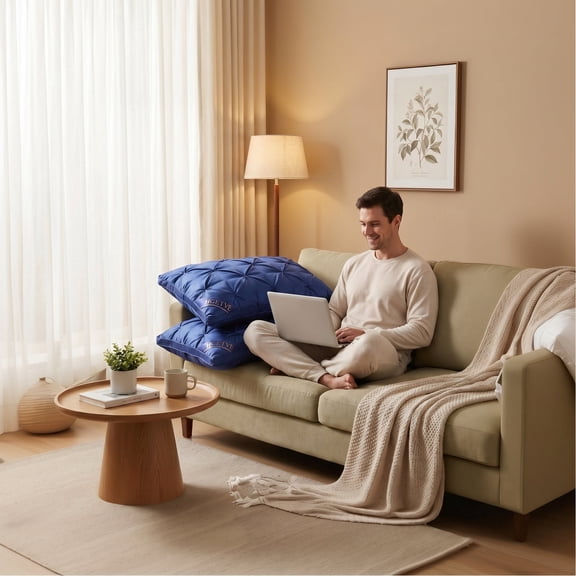 Luxury Hotel Style Bed Pillows, 2 Pack, Navy Blue Satin Shell, Plush Support for All Sleepers