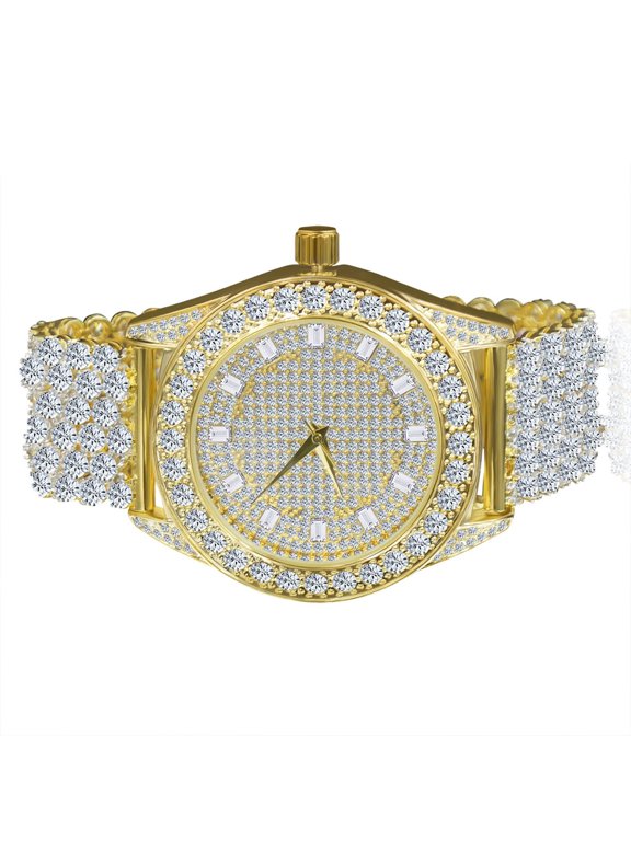 Luxury Iced Khronos Celebrity Wear Yellow Gold Finish Simulated Diamonds Custom Band Solitaire Bezel Joe Rodeo JoJo Watch