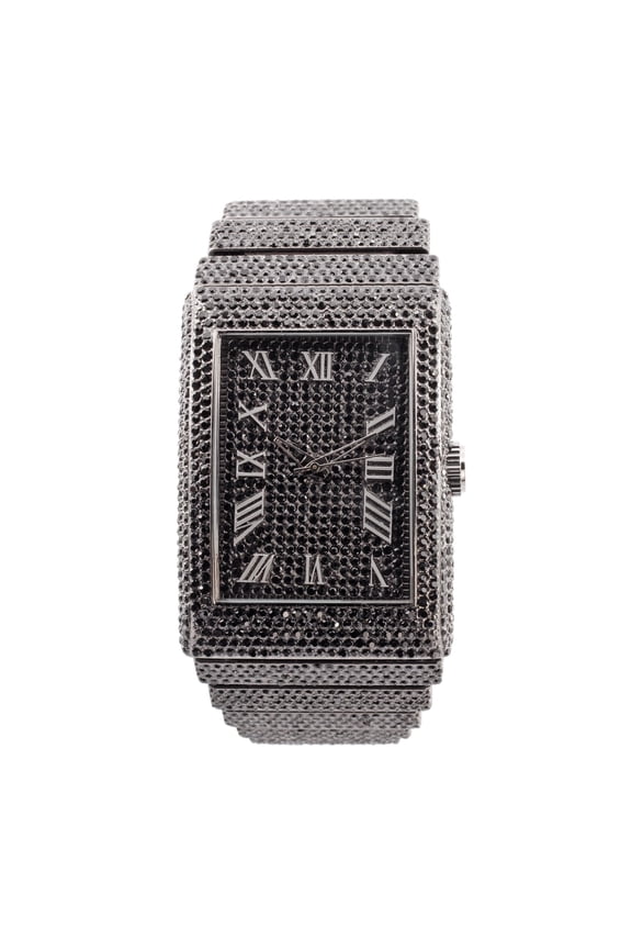 Luxury Iced Out Round watch or Bling-ed Out Baguette-Cut Rectangular Watch with Crystal Diamond watch Pave Design (ST10602 Black)