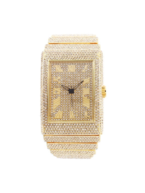 Luxury Iced Out Round watch or Bling-ed Out Baguette-Cut Rectangular Watch with Crystal Diamond watch Pave Design (ST10602 Gold)